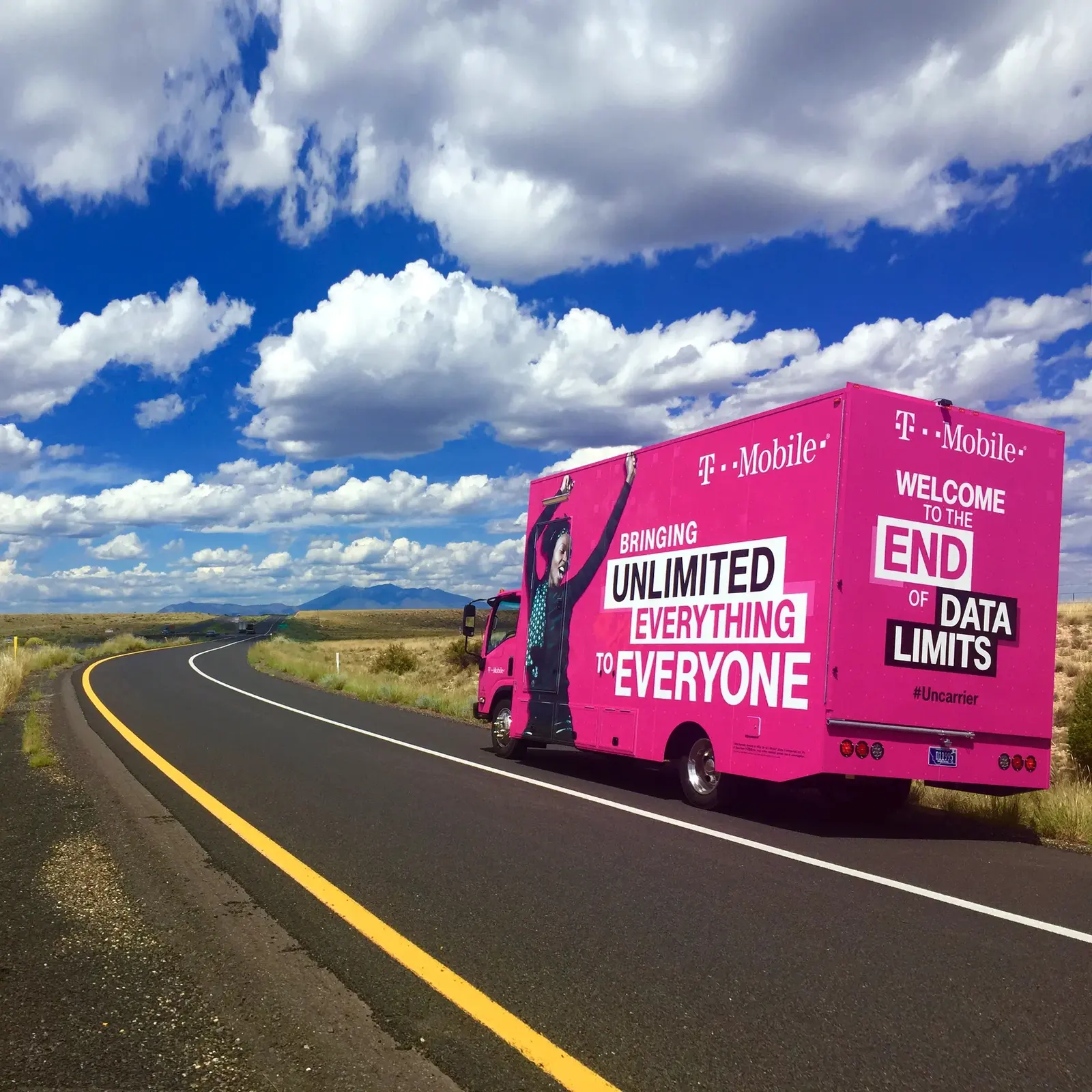 T-Mobile promotional truck driving along a desert road